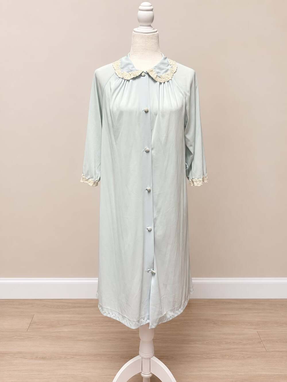 Vintage Sears Blue Lace Peter Pan Collar Button Front Long Robe